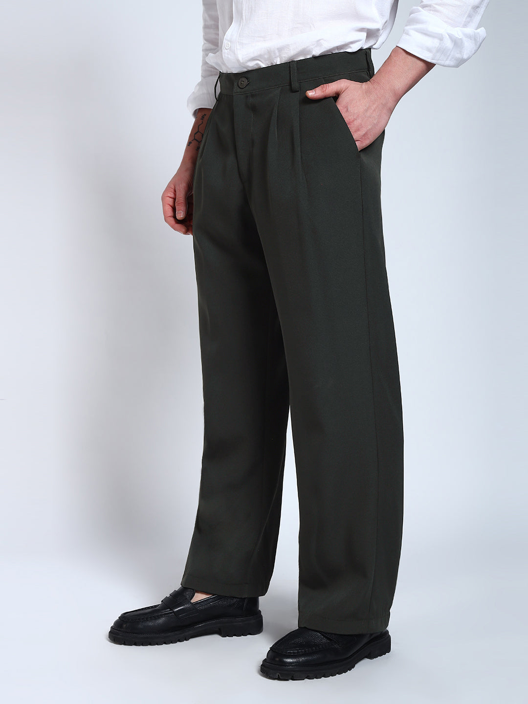 Bottle Green Solid Pleated Korean Pants