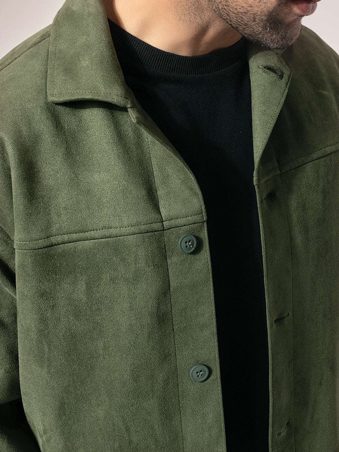 Olive Green Suede Solid Cut & Sew Jacket