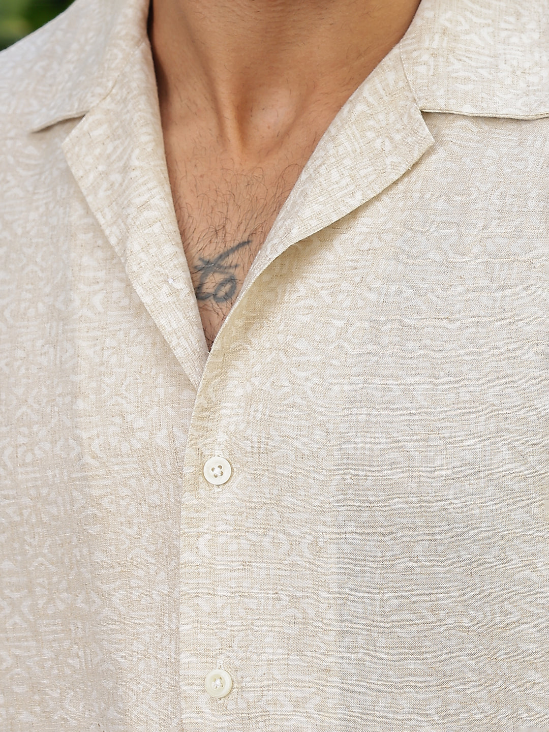 Beige Color Abstract Print Linen Cotton Shirt