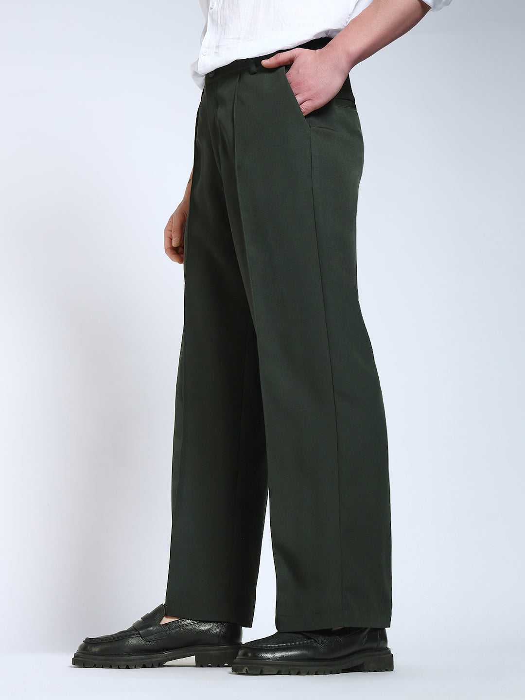 Bottle Green Solid Pintuck Korean Pants