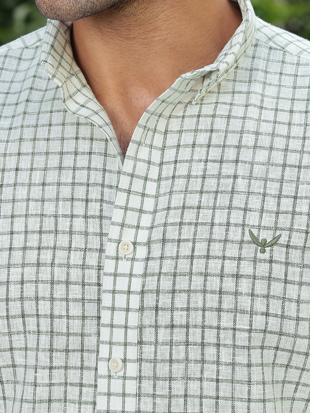 Green Checked Slim Fit Linen Shirt