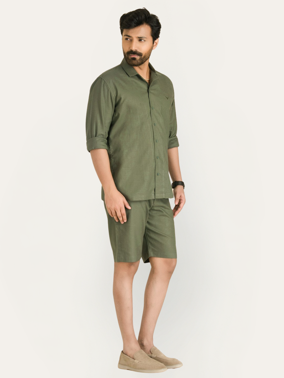 Olive Green Linen Solid Shirt Shorts Co-ord Set.