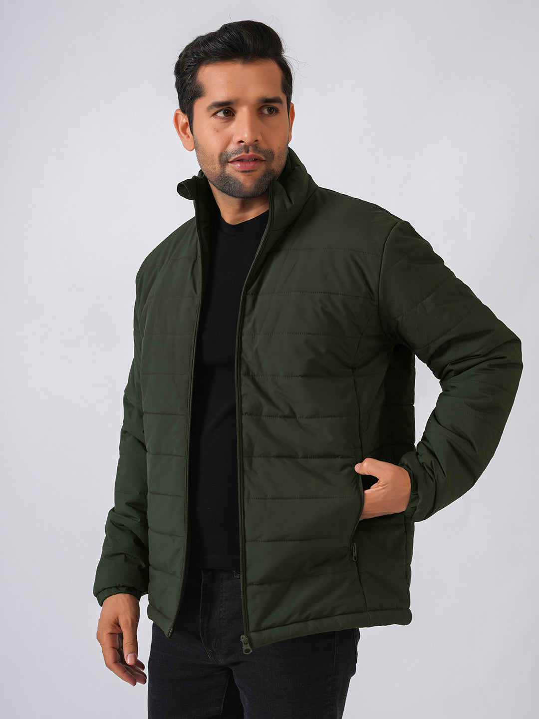 Bottle Green Solid Lightweight Puffer Jacket