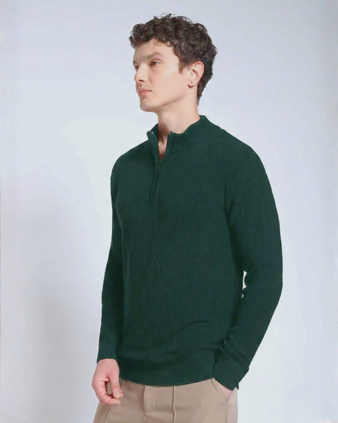 Green Solid Ribbed Zip-Top Lightweight Pullover-Sweater