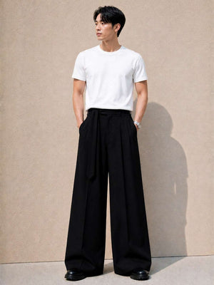 Black Solid Wide Leg Fit Belted Korean Pant