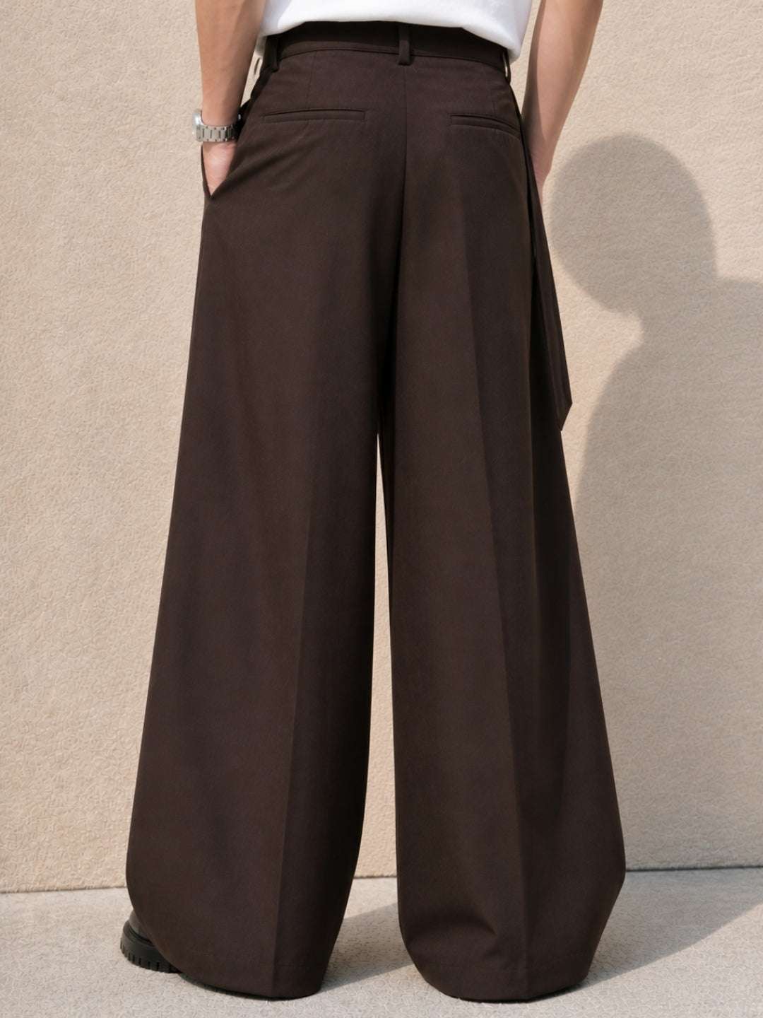 Brown Solid Wide Leg Fit Belted Korean Pant