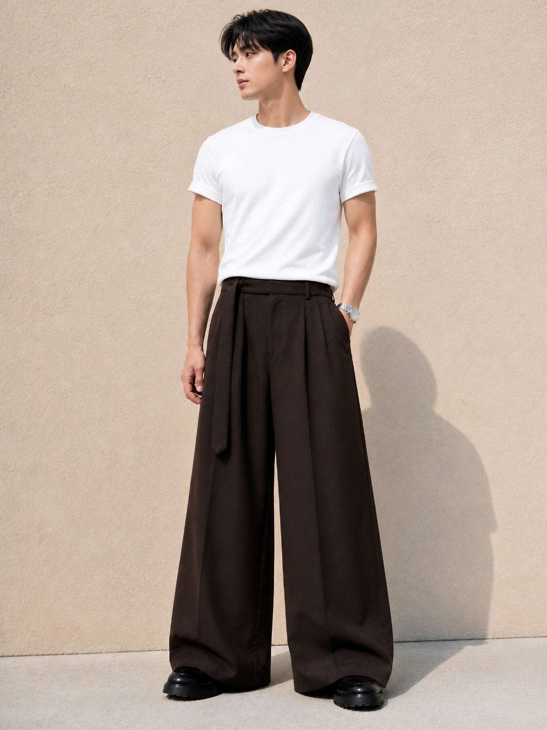 Brown Solid Wide Leg Fit Belted Korean Pant