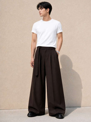 Brown Solid Wide Leg Fit Belted Korean Pant