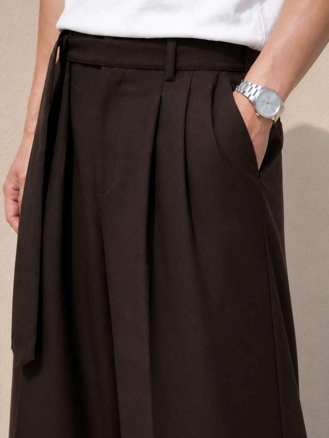 Brown Solid Wide Leg Fit Belted Korean Pant