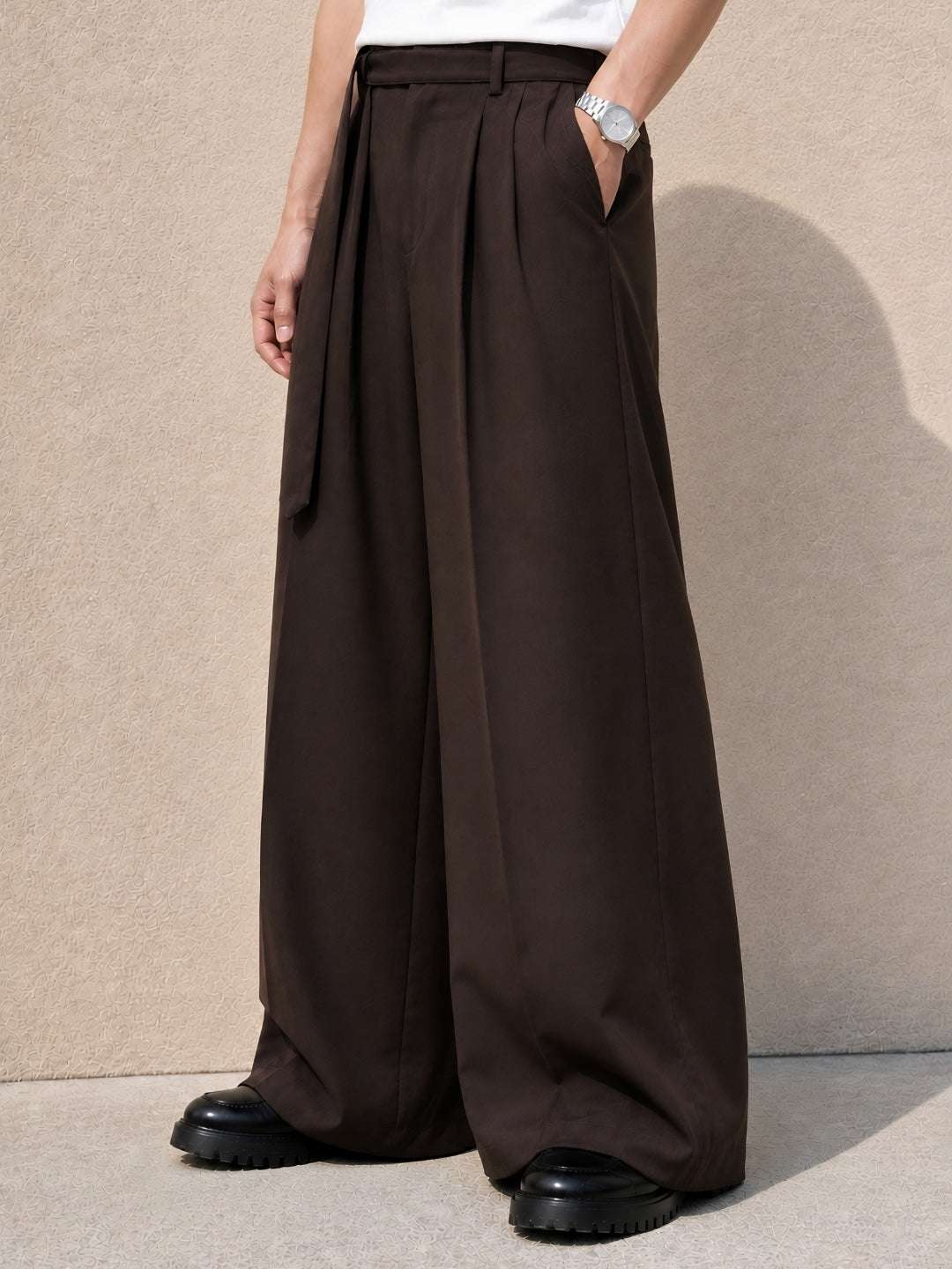 Brown Solid Wide Leg Fit Belted Korean Pant