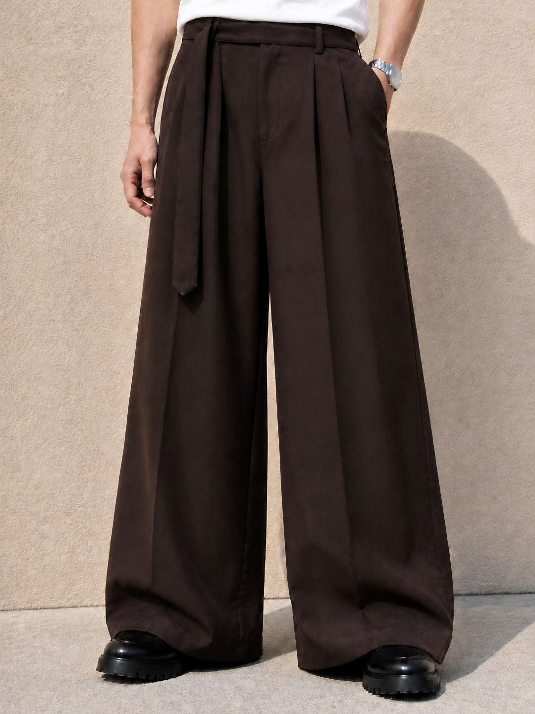 Brown Solid Wide Leg Fit Belted Korean Pant
