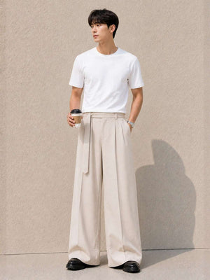 Cream Solid Wide Leg Fit Belted Korean Pant