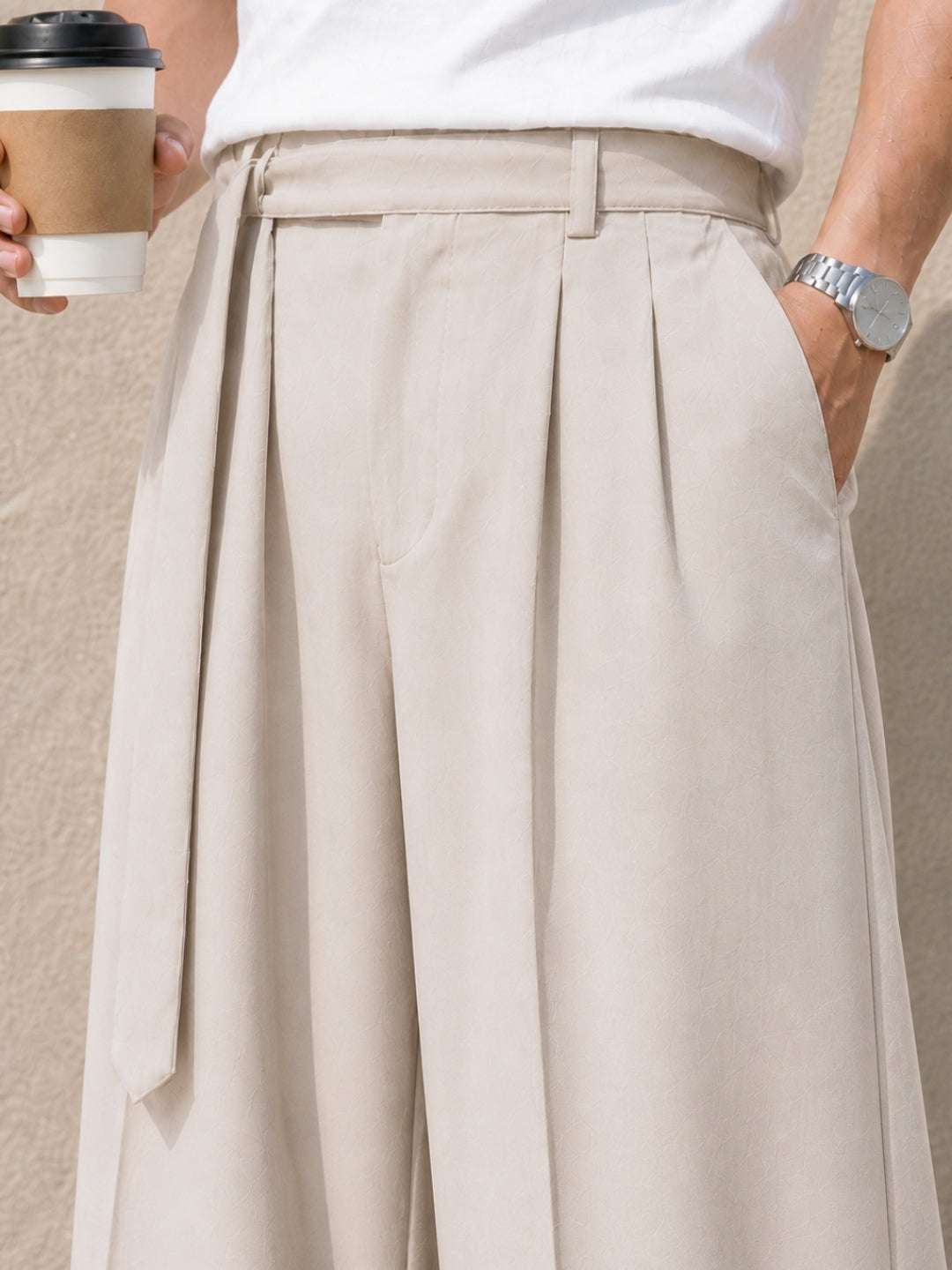 Cream Solid Wide Leg Fit Belted Korean Pant