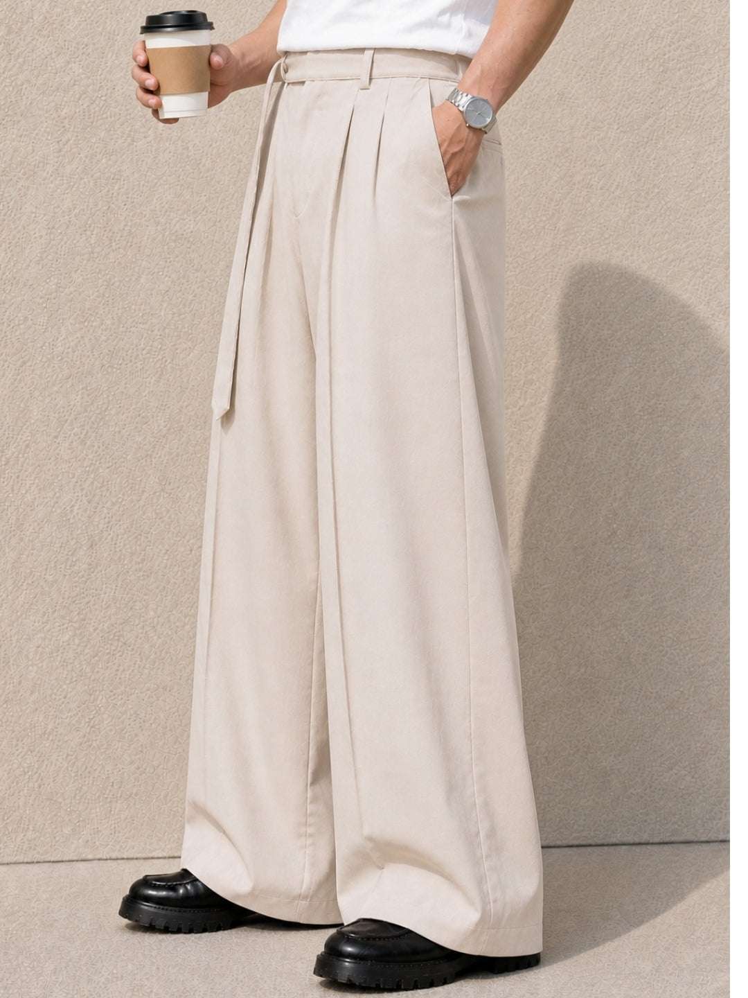 Cream Solid Wide Leg Fit Belted Korean Pant