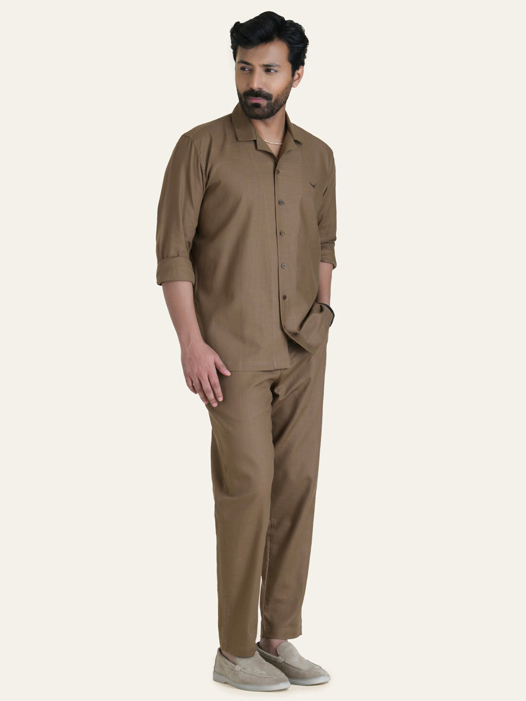 Brown Linen Solid Shirt Pants Co-ord Set.