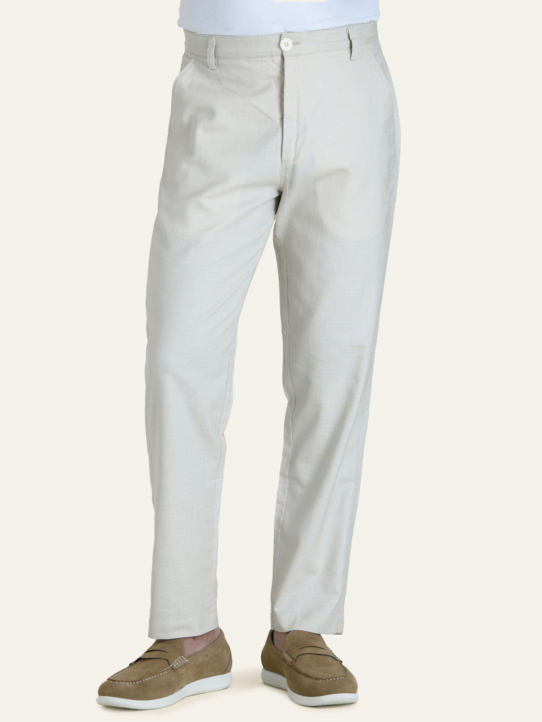 Beige Solid Linen Pants
