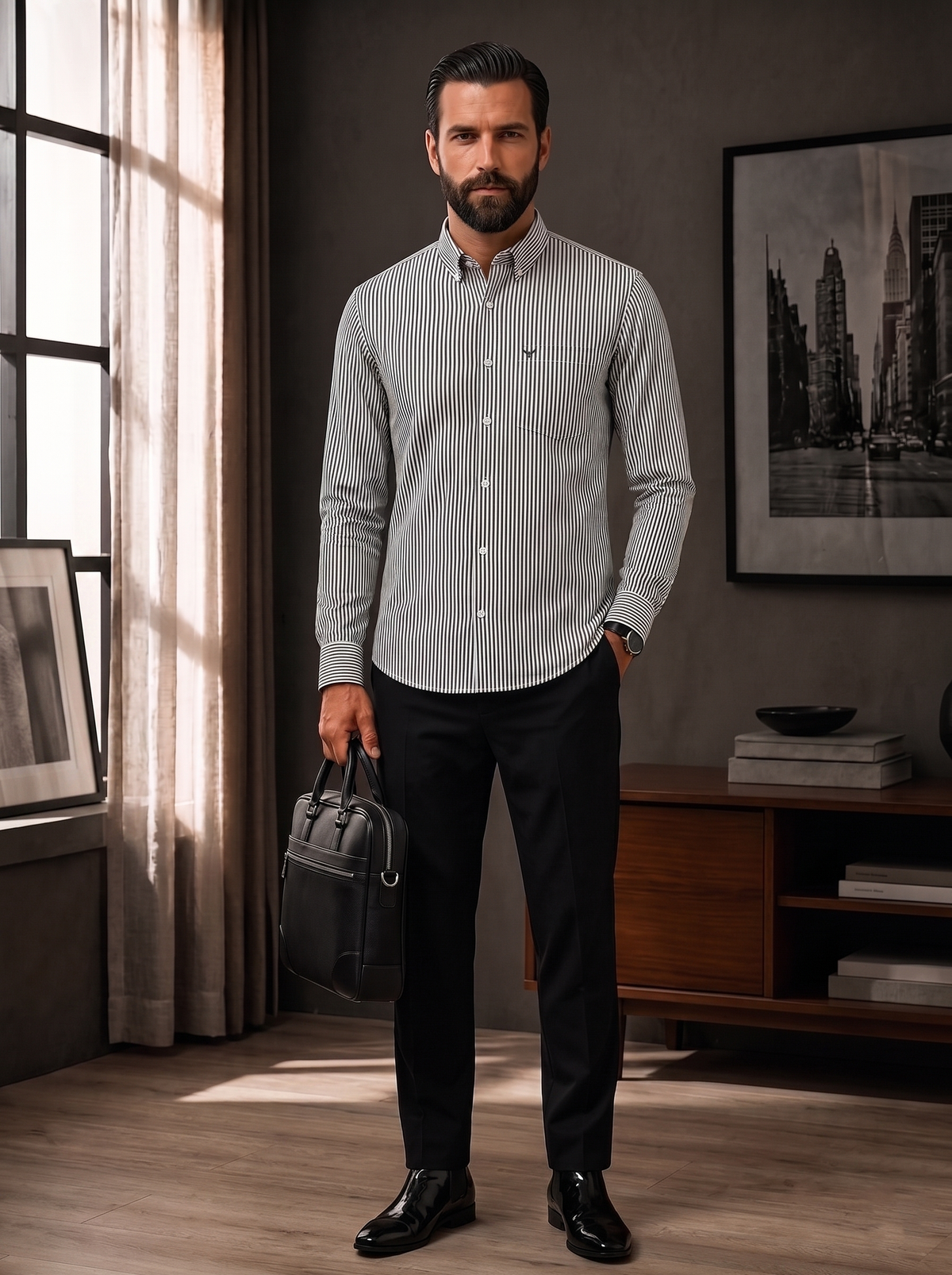 Black Striped Slim Fit Cotton Shirt