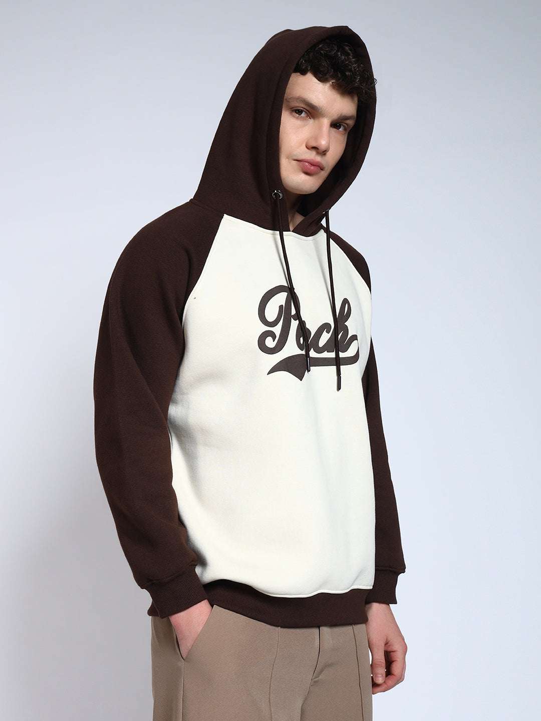 Brown Colour Blocked Regular Fit Hoodie Sweatshirt