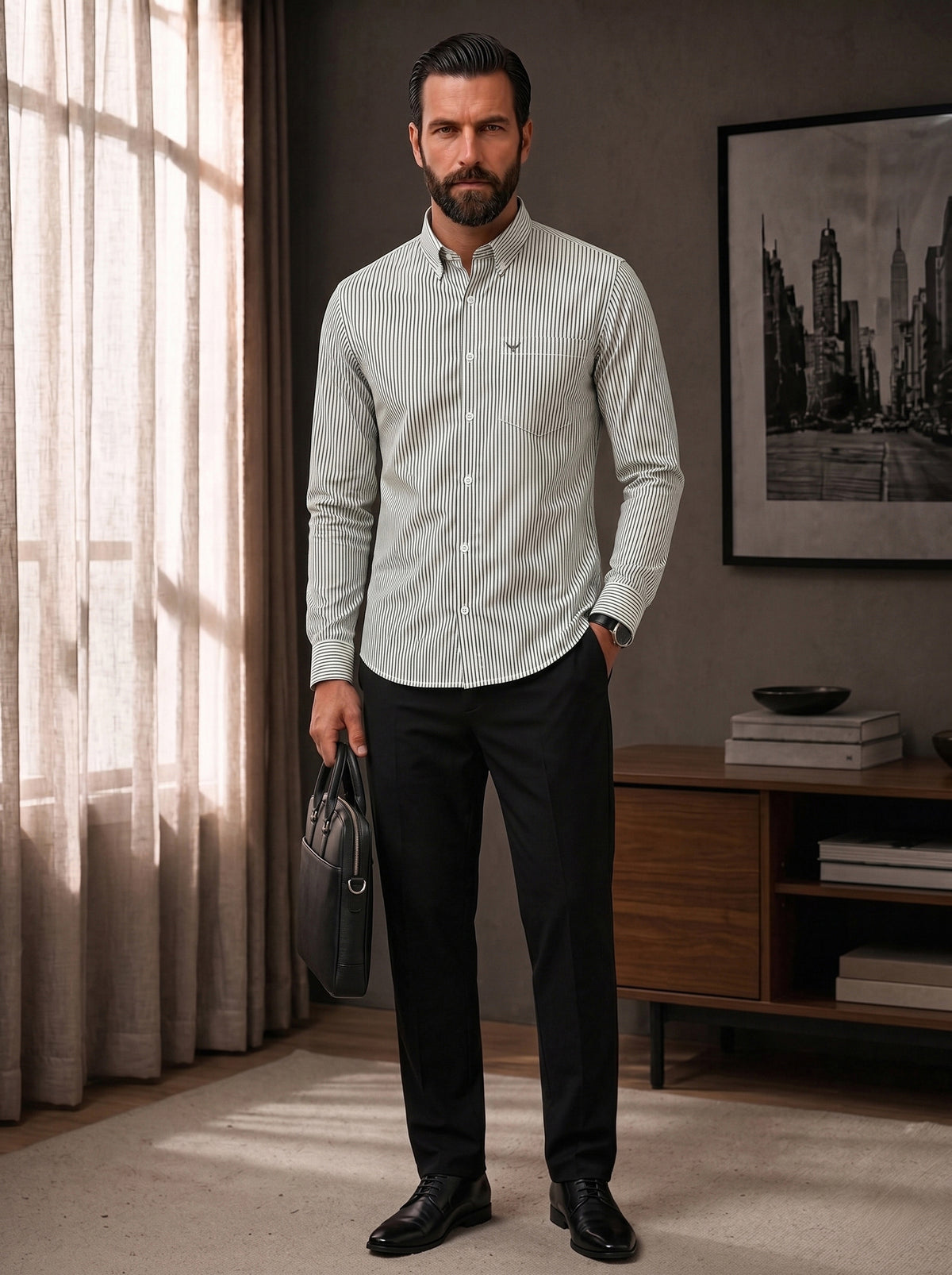 Bottle Green Striped Slim Fit Cotton Shirt