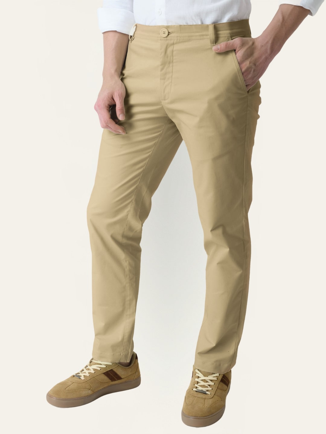 Camel Beige Solid Slim Fit Chinos