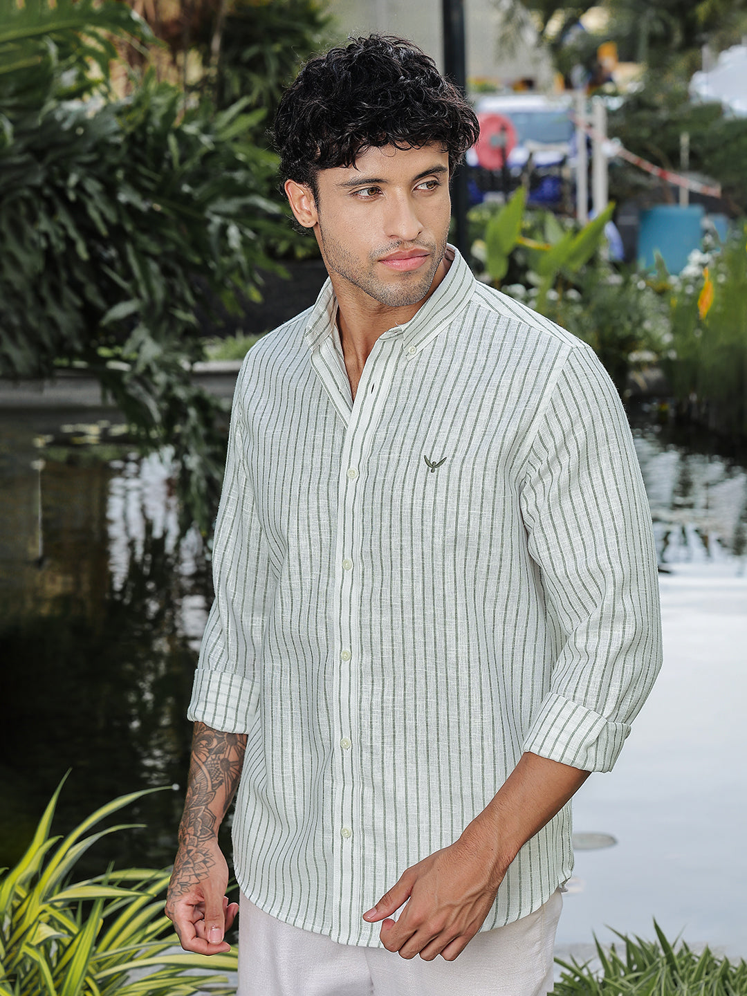 Green Striped Slim Fit Linen Shirt