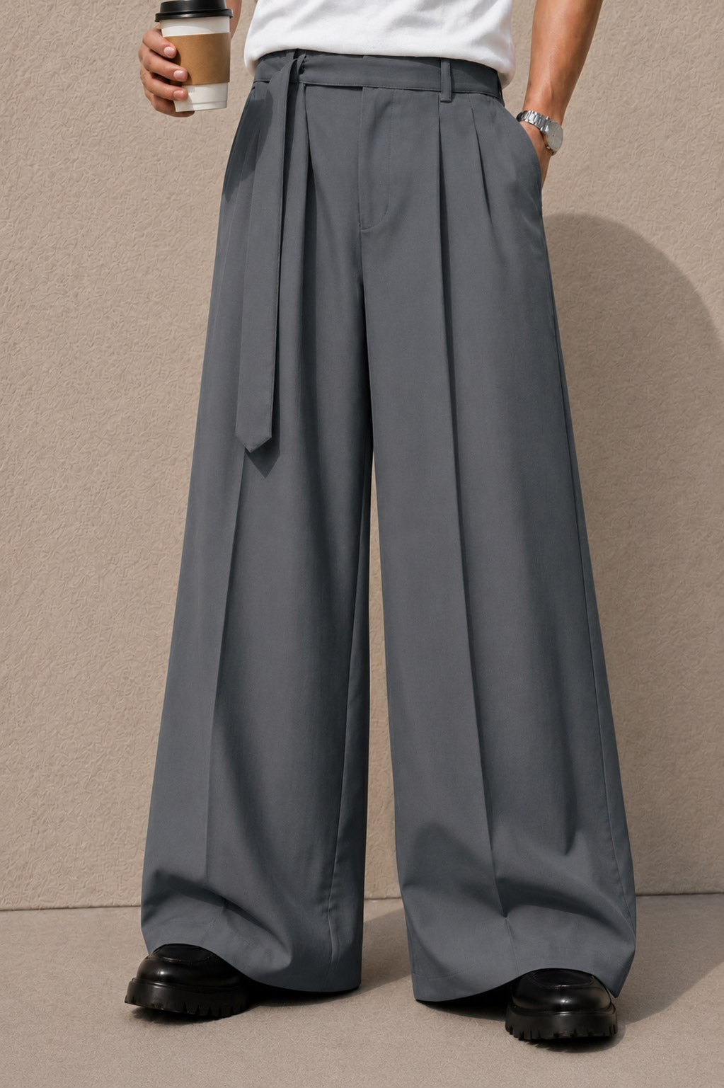 Steel Grey Solid Wide Leg Fit Belted Korean Pant