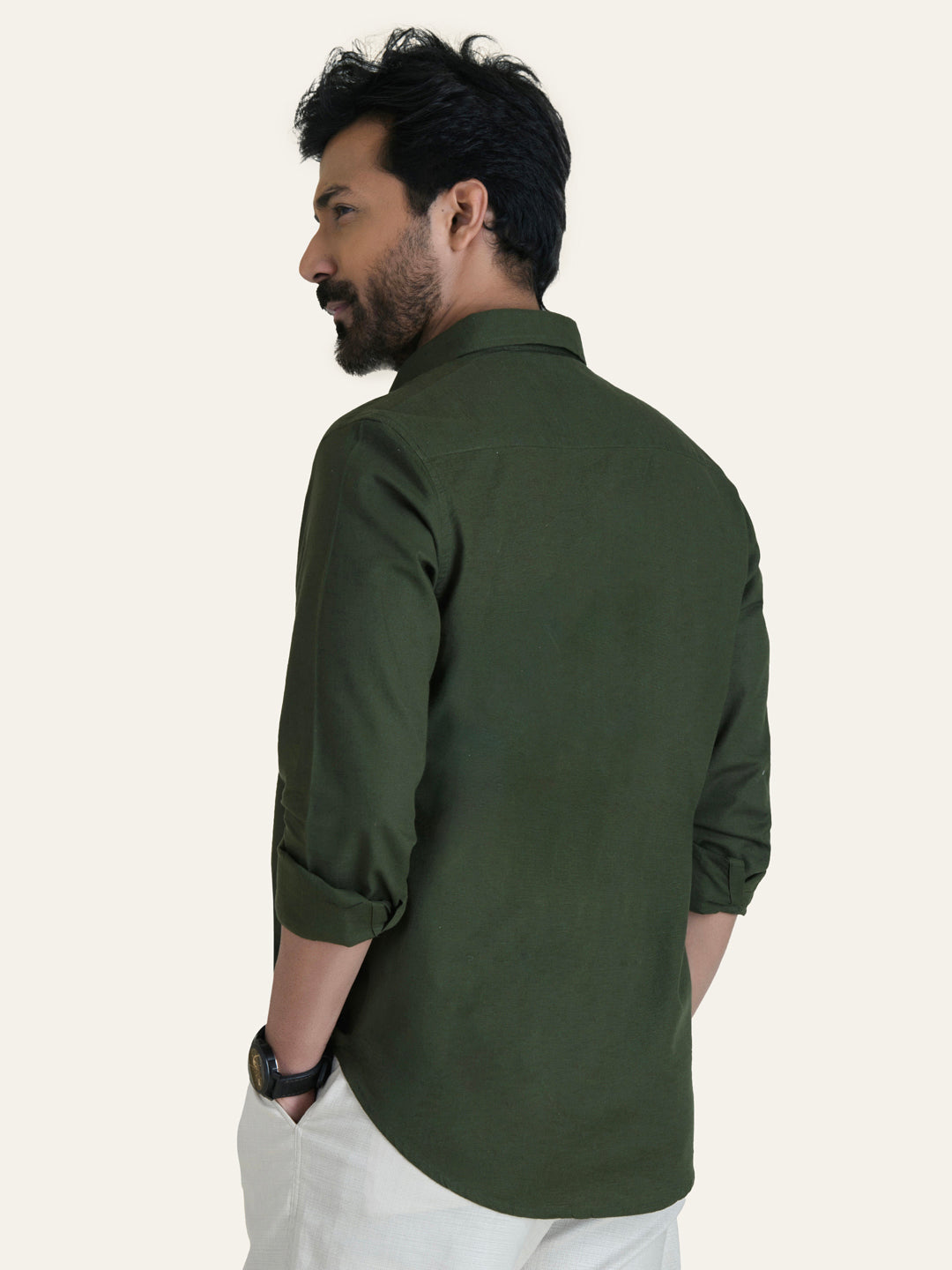 Green Solid Slim Fit Linen Cotton Shirt