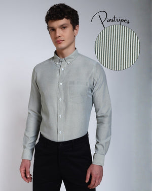 Pista Green Striped Slim Fit Cotton Shirt