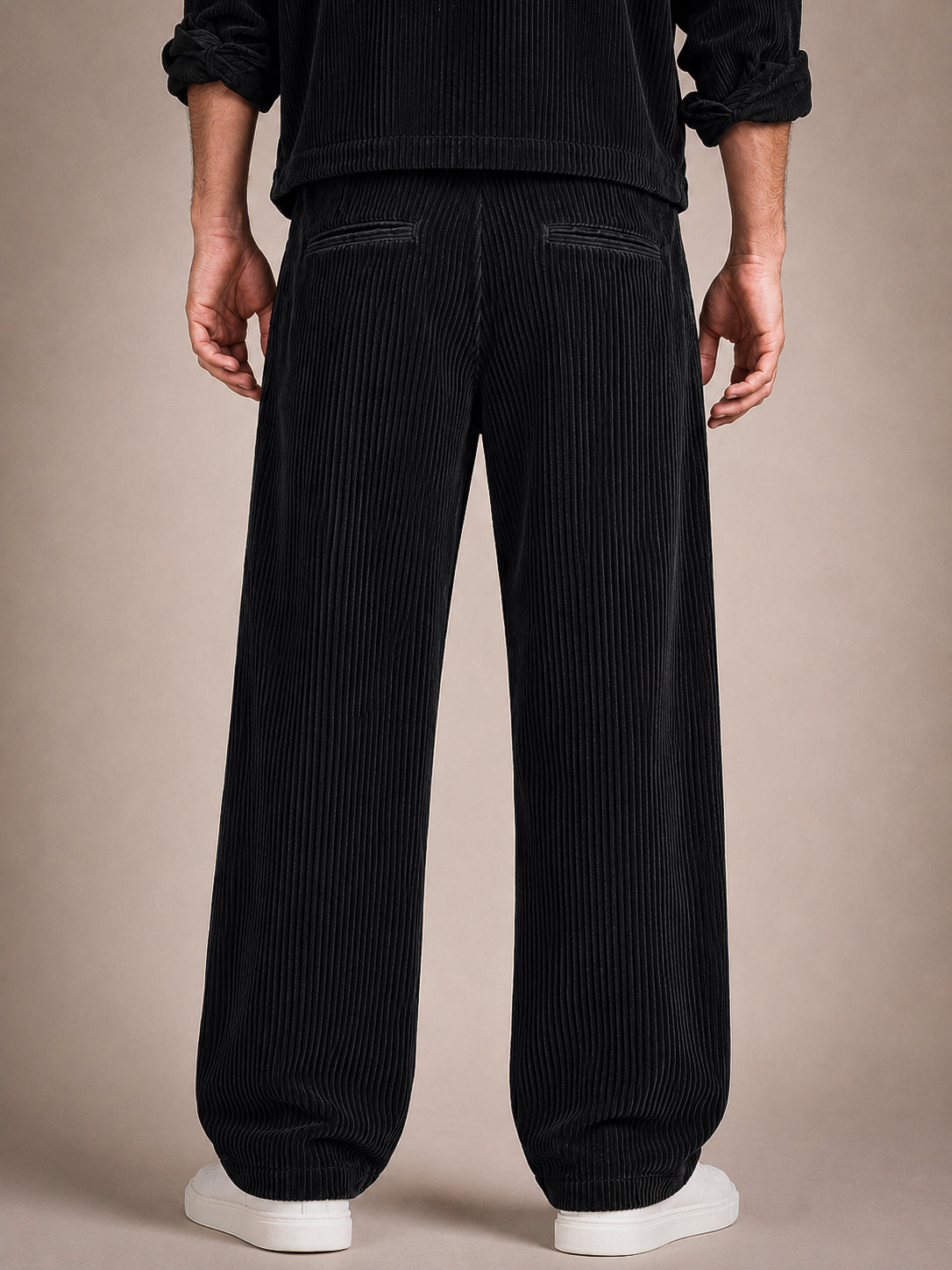 Black Corduroy Regular Fit Pleated Trouser