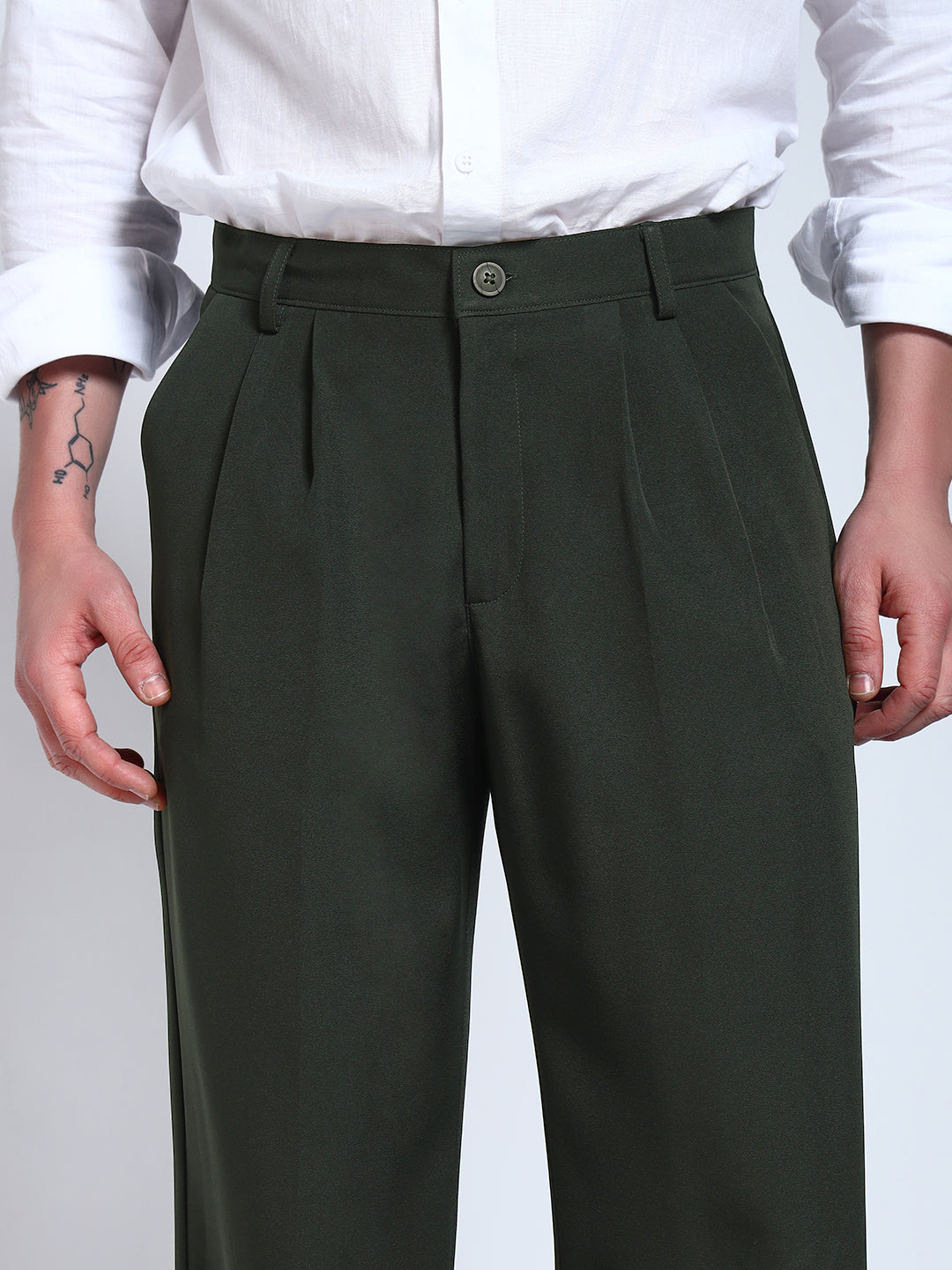 Bottle Green Solid Pleated Korean Pants