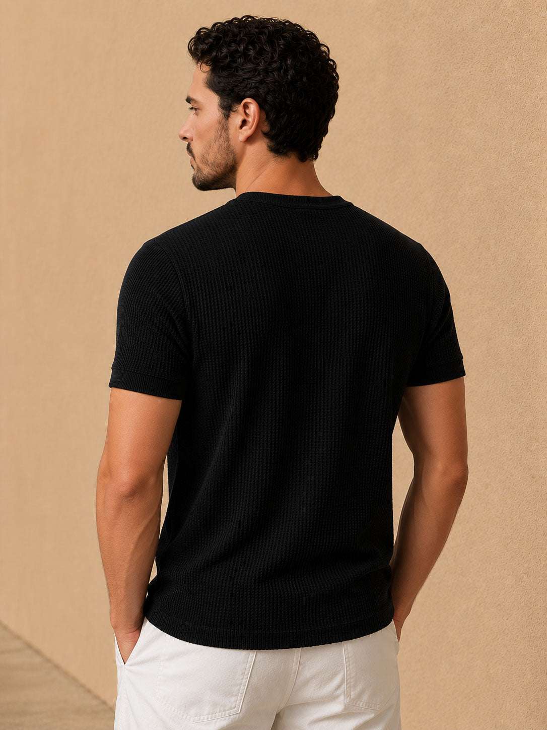 Black Waffle Henley Half Sleeve T-Shirt