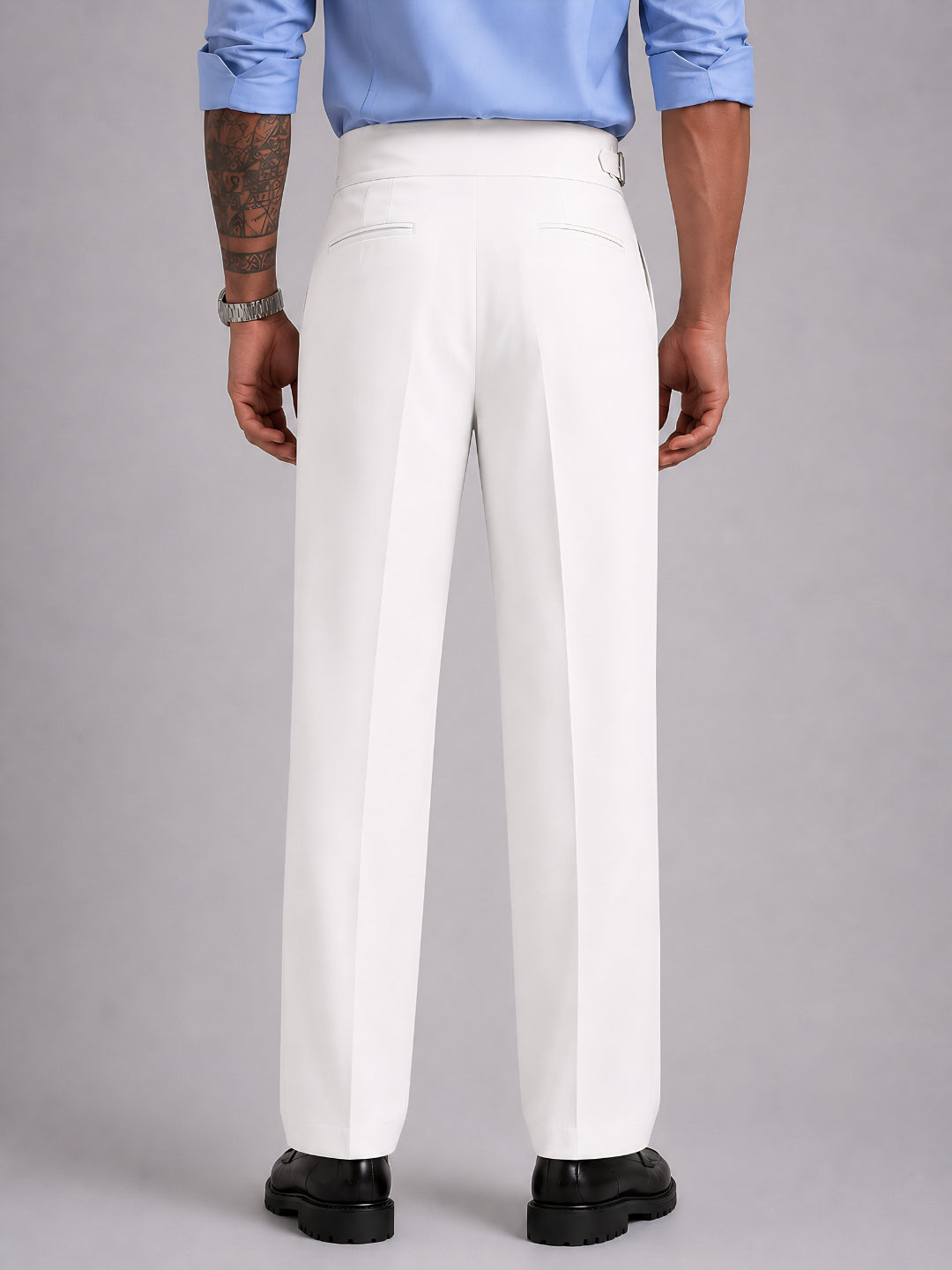 White Solid Straight Fit Single Buckle Gurkha Pant For Men