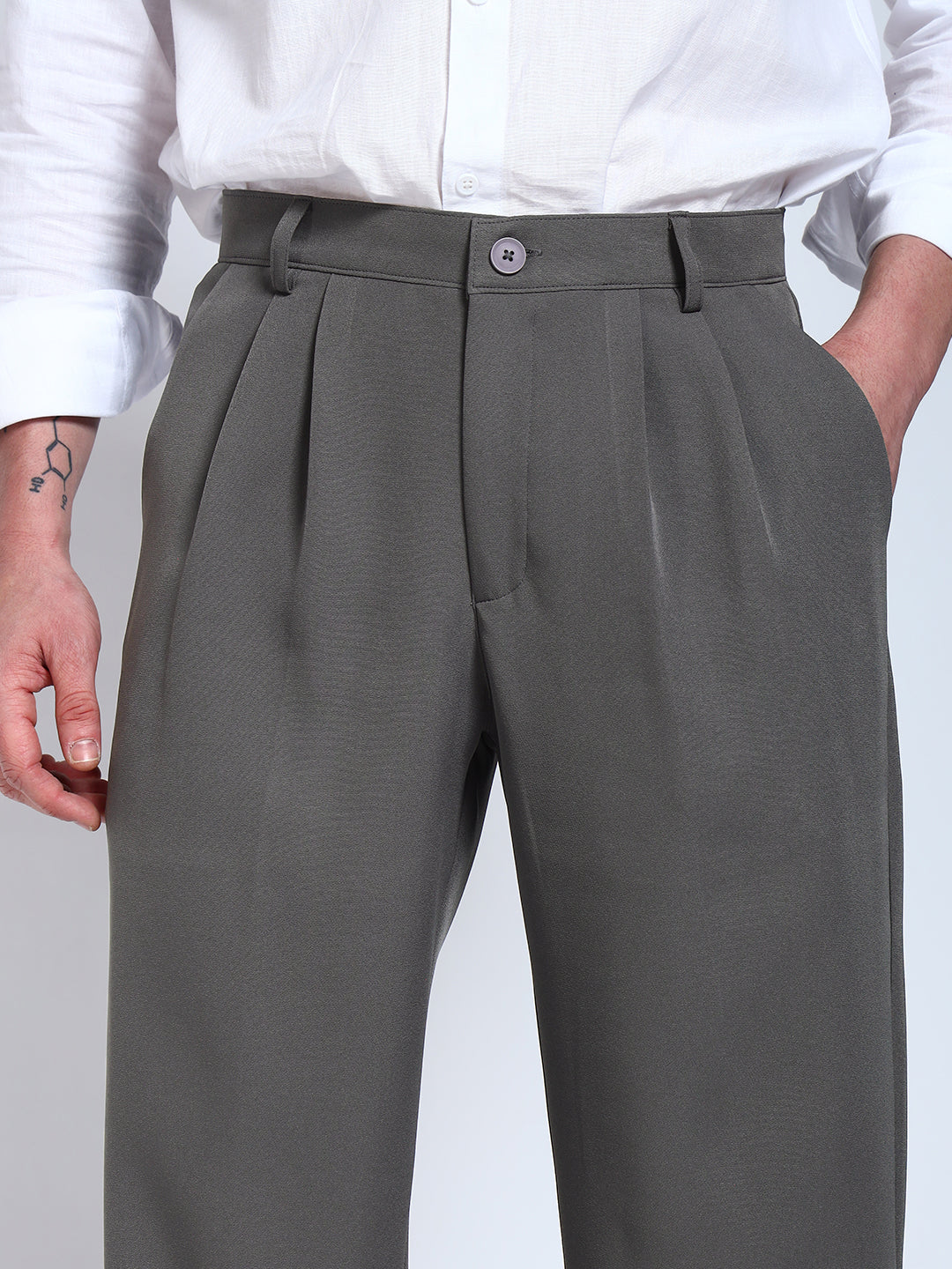 Steel Grey Solid Pleated Korean Pants