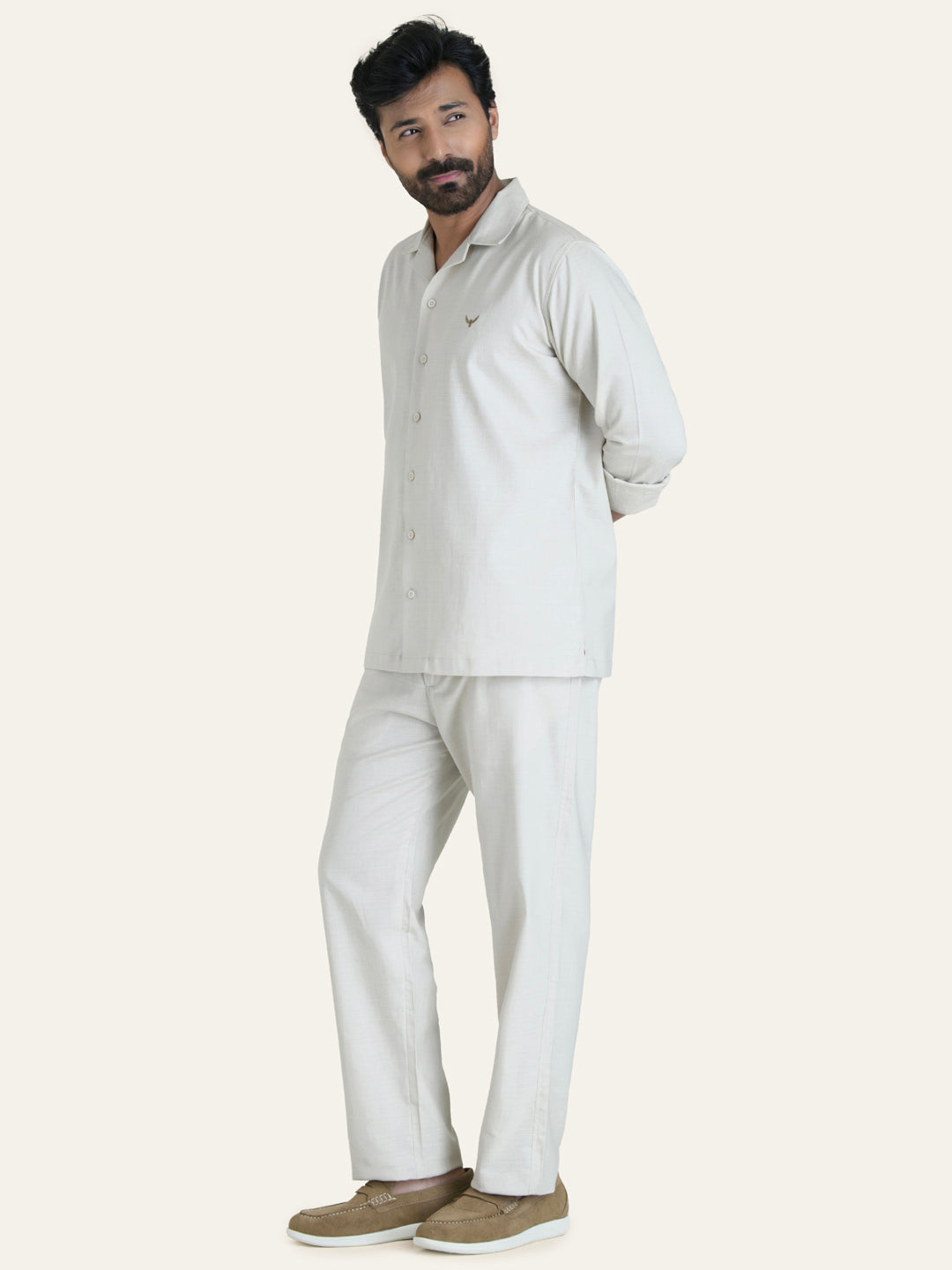 Beige Linen Solid Shirt Pants Co-ord Set.