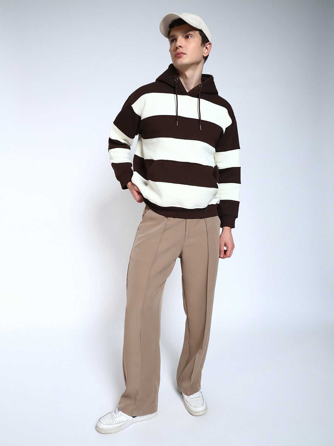 Brown Striped Regular Fit Hoodie Sweatshirt