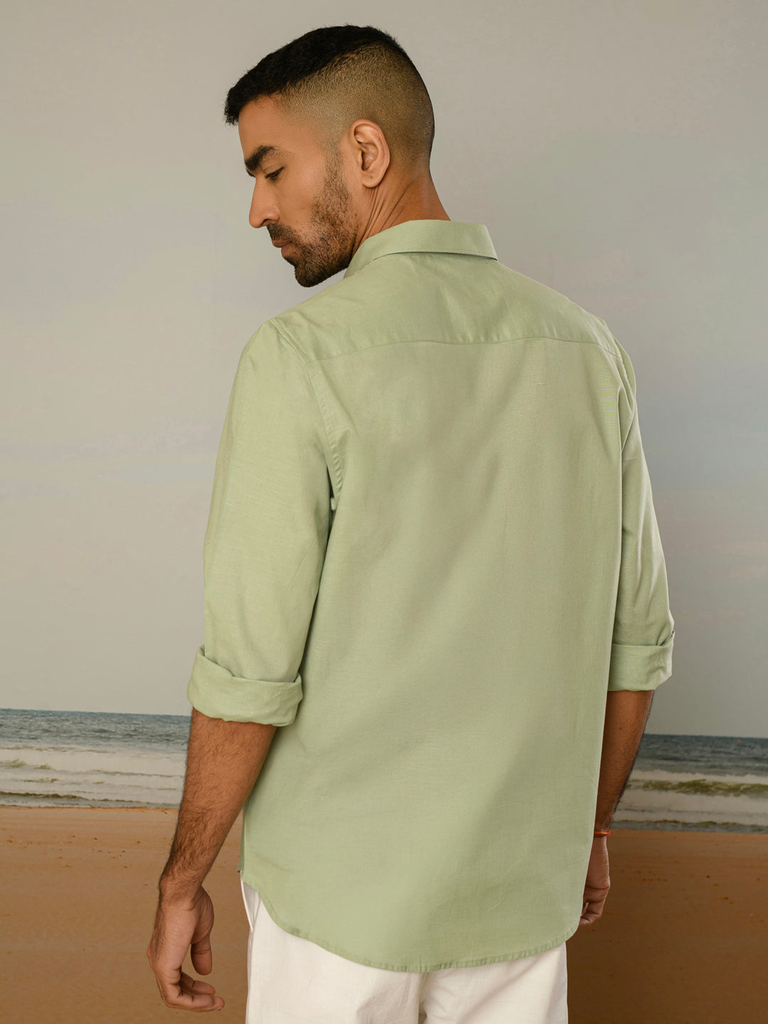 Pista Green Solid Slim Fit Linen Cotton Shirt