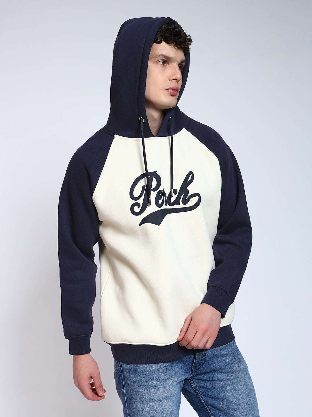 Navy Blue Colour Blocked Regular Fit Hoodie Sweatshirt