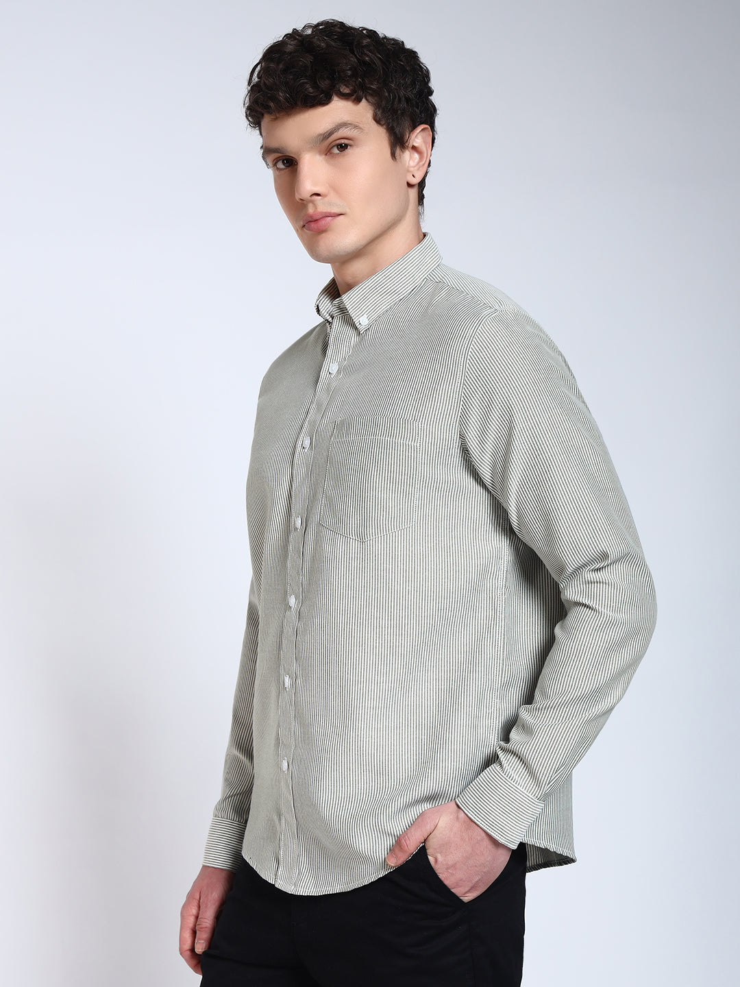 Pista Green Striped Slim Fit Cotton Shirt