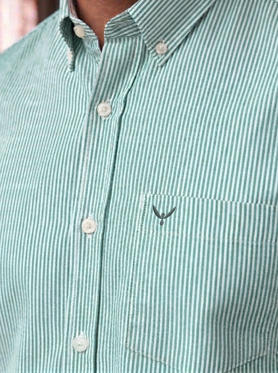 Aqua Green Striped Slim Fit Cotton Shirt