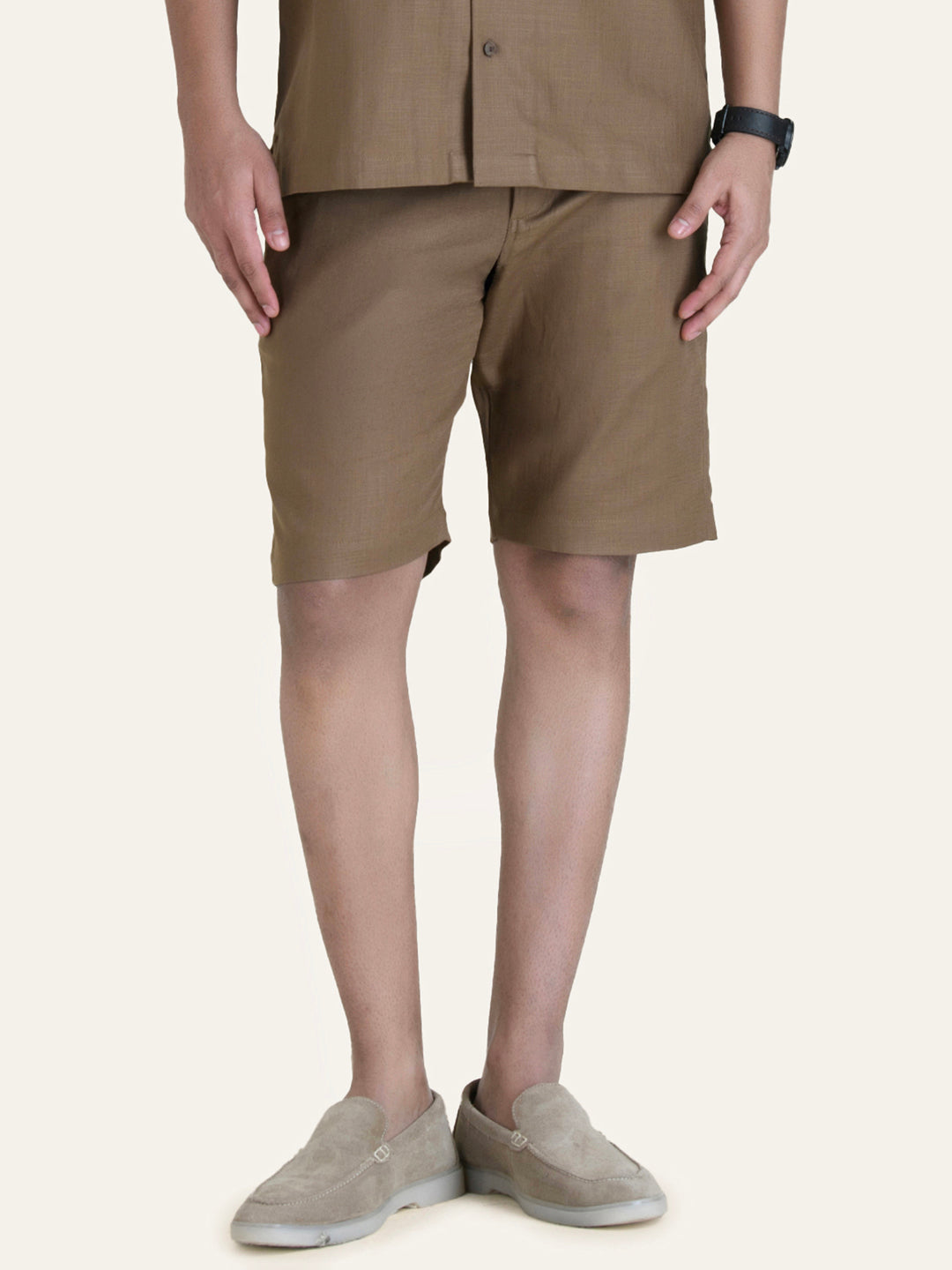 Brown Linen Solid Shirt Shorts Co-ord Set.
