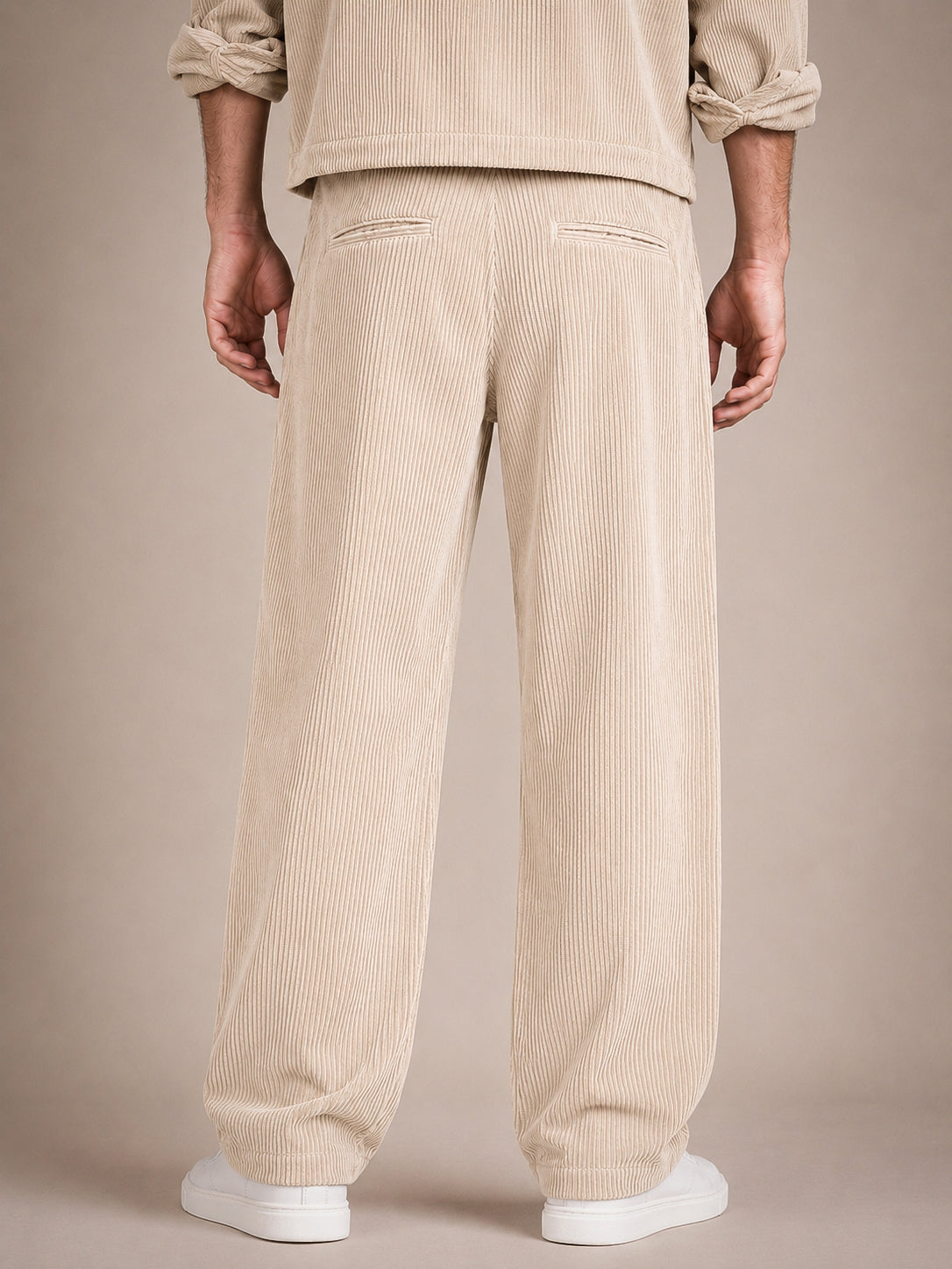 Beige Corduroy Regular Fit Pleated Trouser