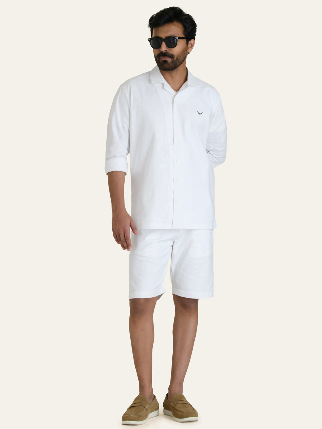 White Linen Solid Shirt Shorts Co-ord Set.