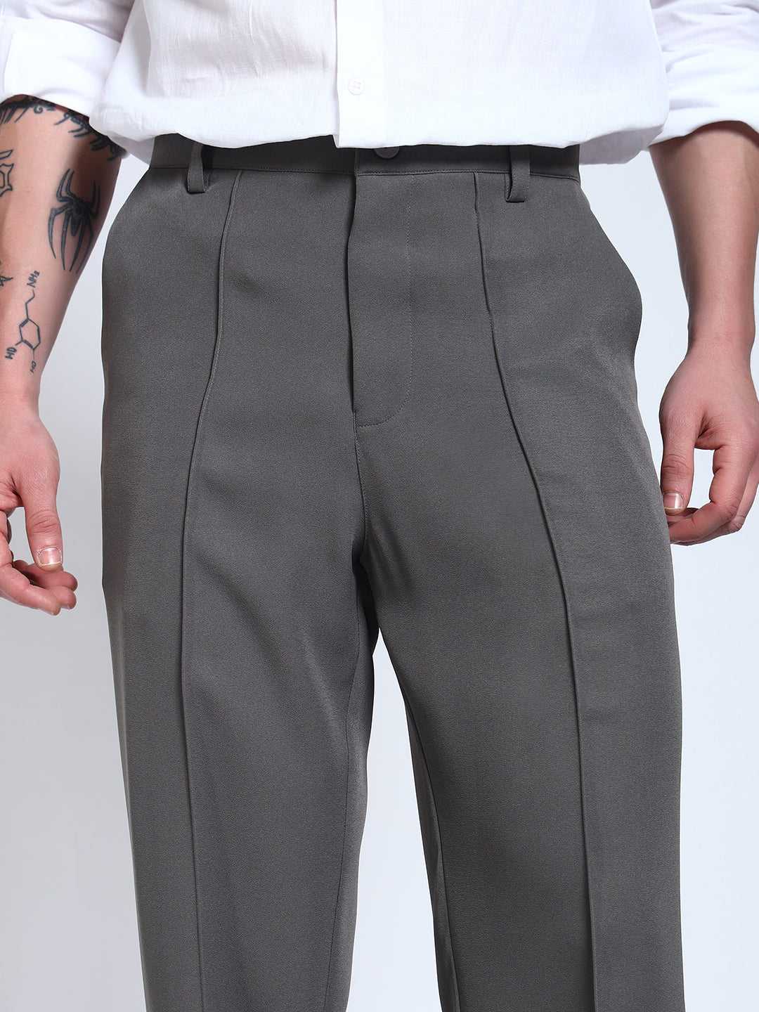 Steel Grey Solid Pintuck Korean Pants