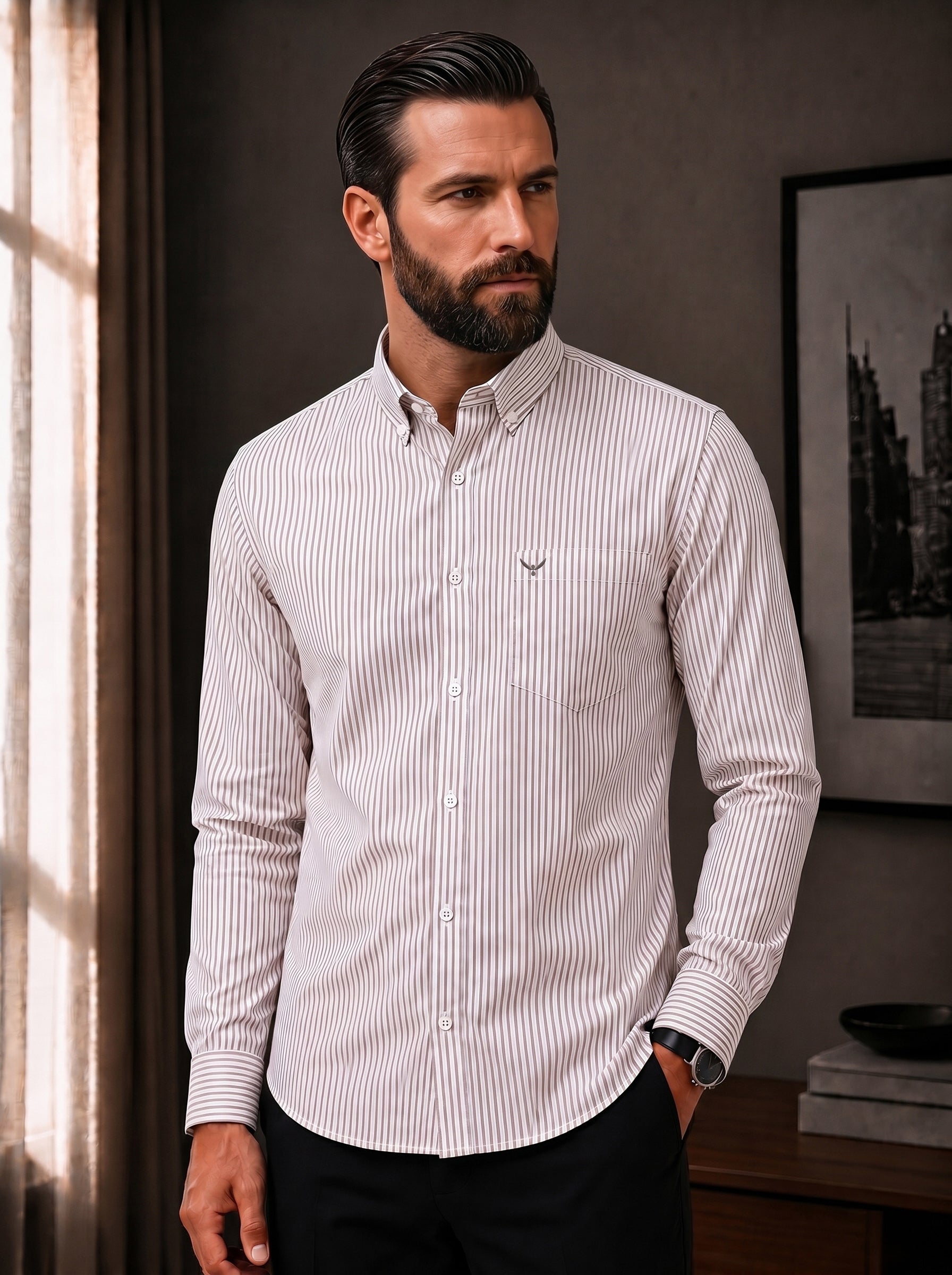 Brown Striped Slim Fit Cotton Shirt
