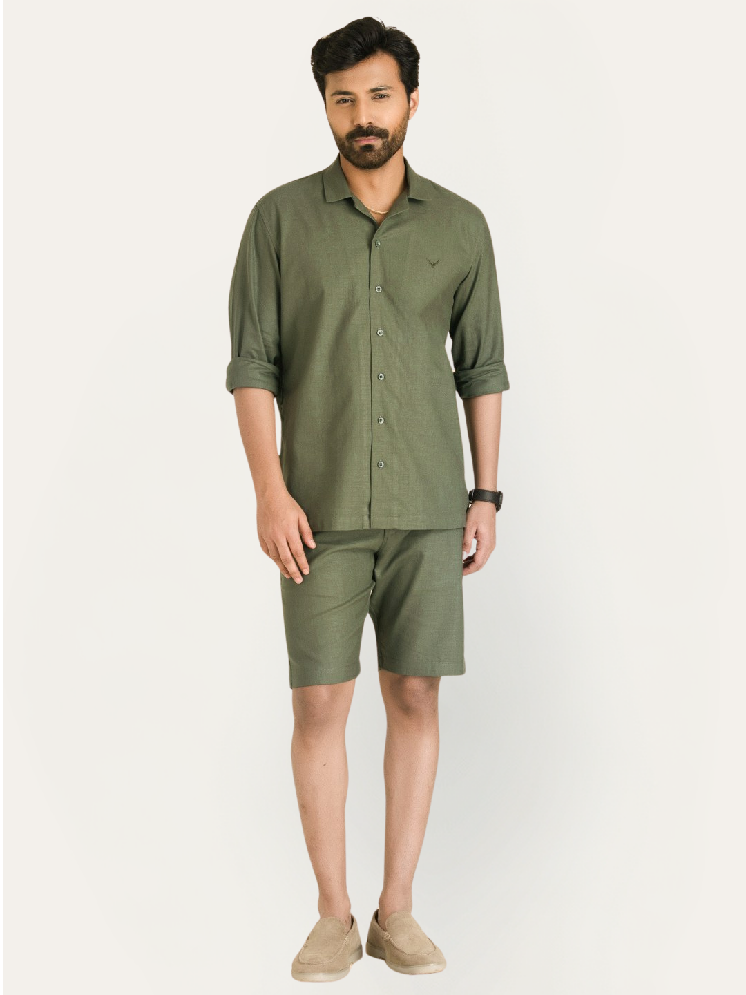 Olive Green Linen Solid Shirt Pants Co-ord Set.