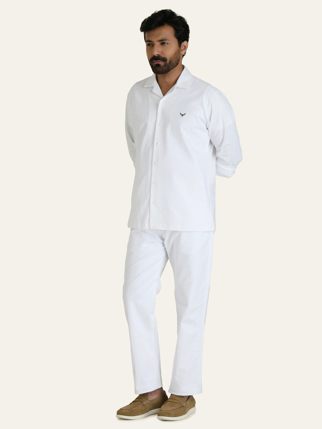 White Linen Solid Shirt Pants Co-ord Set.