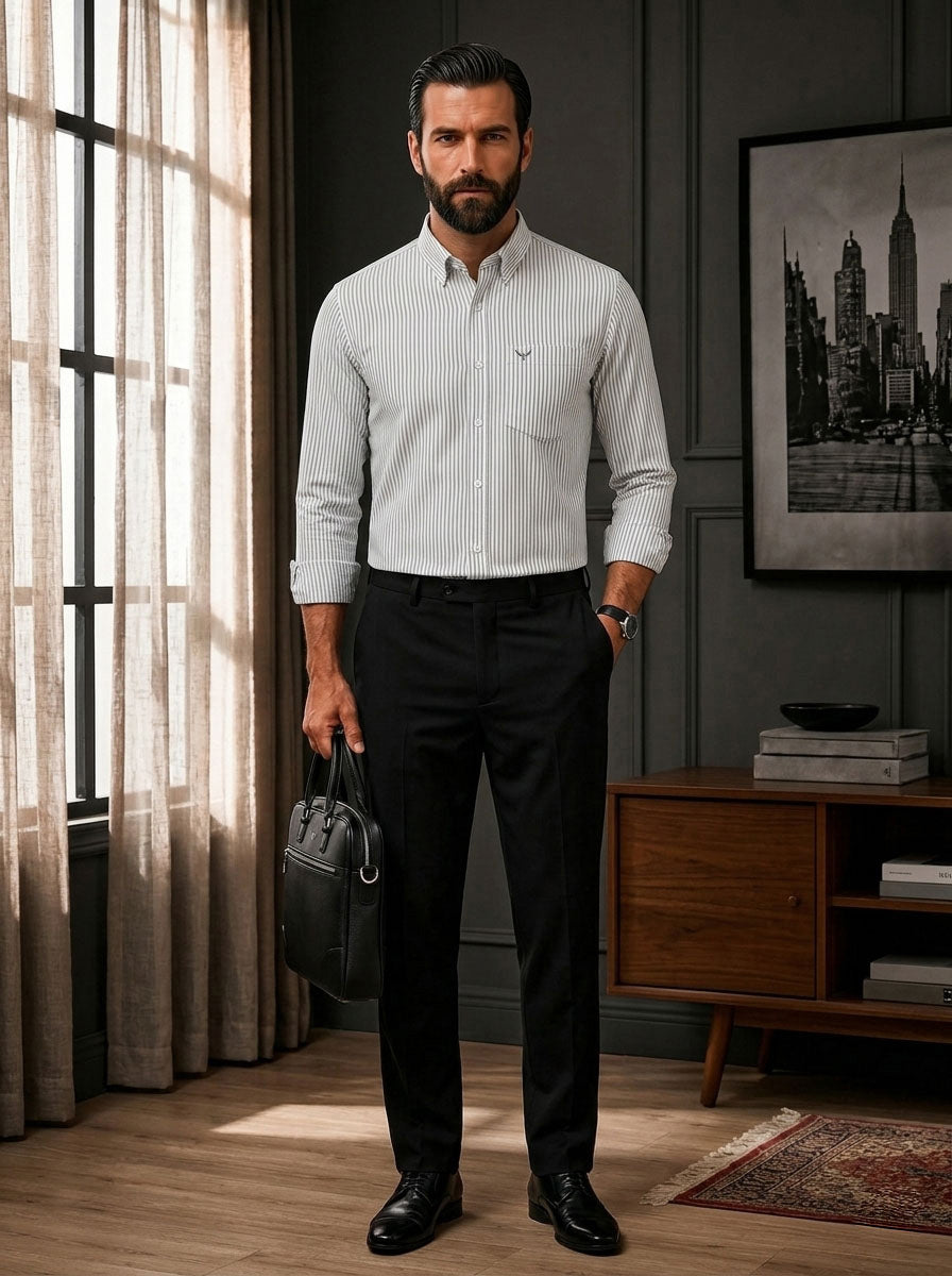 Grey Striped Slim Fit Cotton Shirt