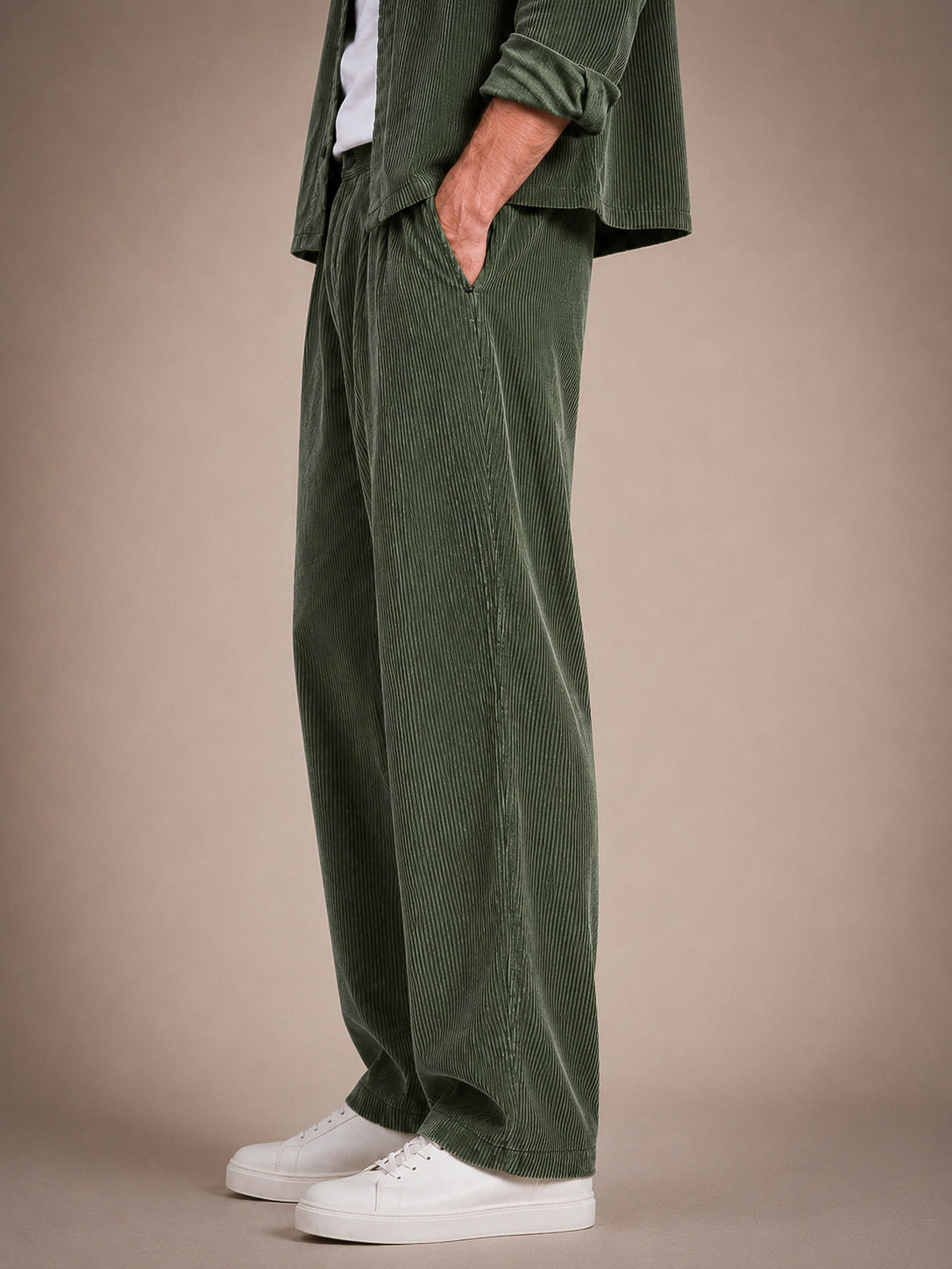 Olive Green Corduroy Regular Fit Pleated Trouser