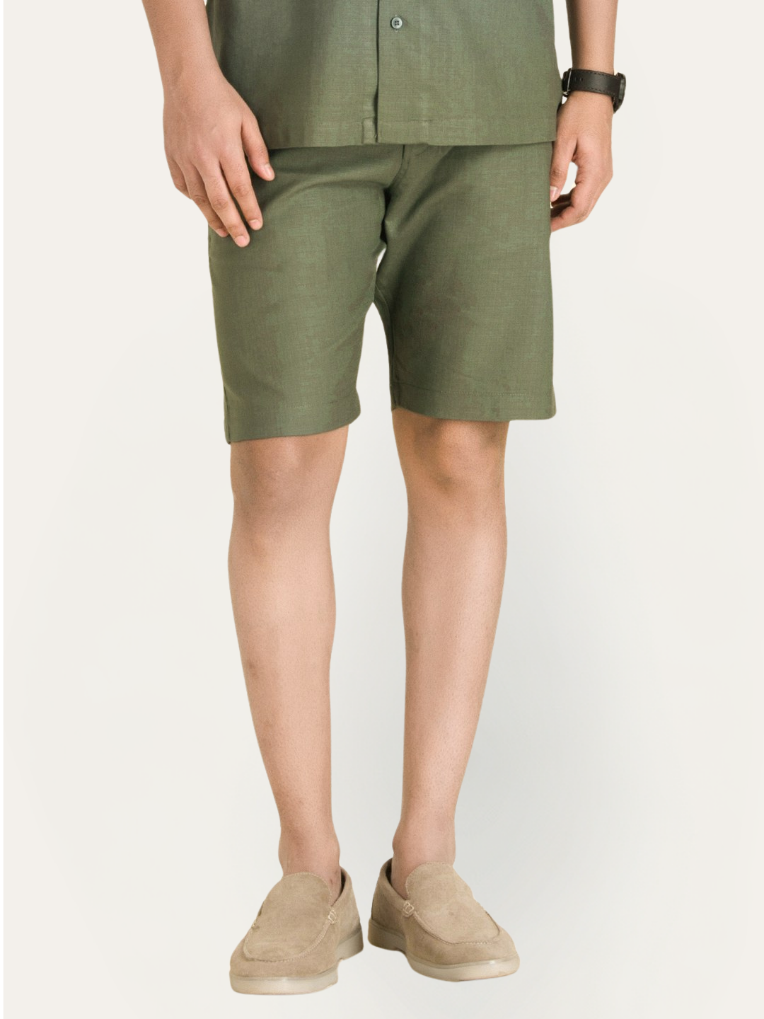 Olive Green Linen Solid Shirt Shorts Co-ord Set.