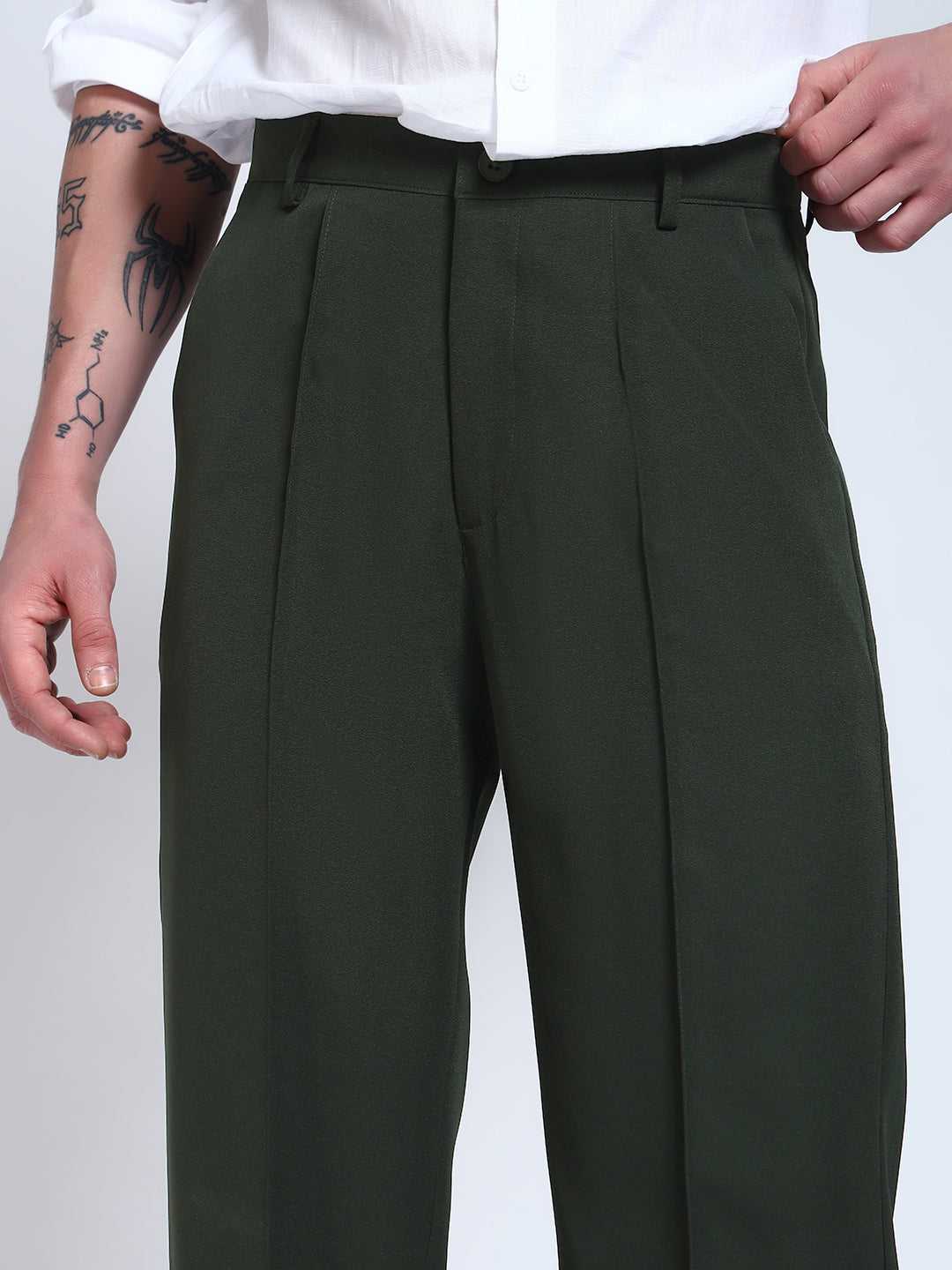 Bottle Green Solid Pintuck Korean Pants